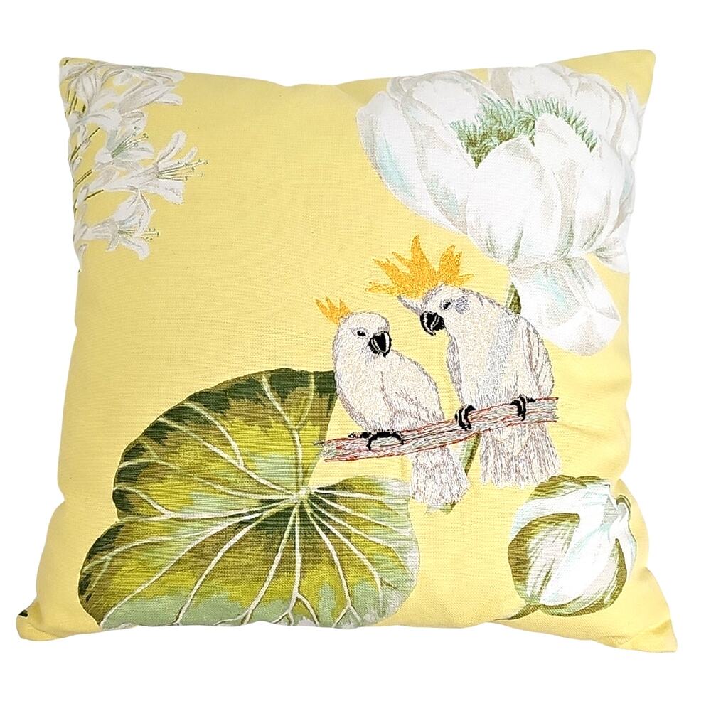 Hand Made Tropical Cockatoo Embroidered Throw Pillow Coastal Zipper Washable